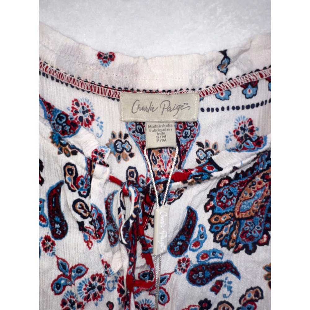 Charlie Paige Women Red Blue White Paisley Tassel Tie Sleeveless Rayon Top S/M